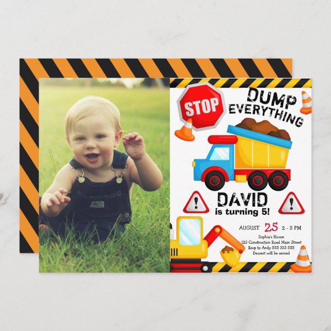 Construction Birthday Boy Dump Truck with Photo Invitation (Front/Back)
