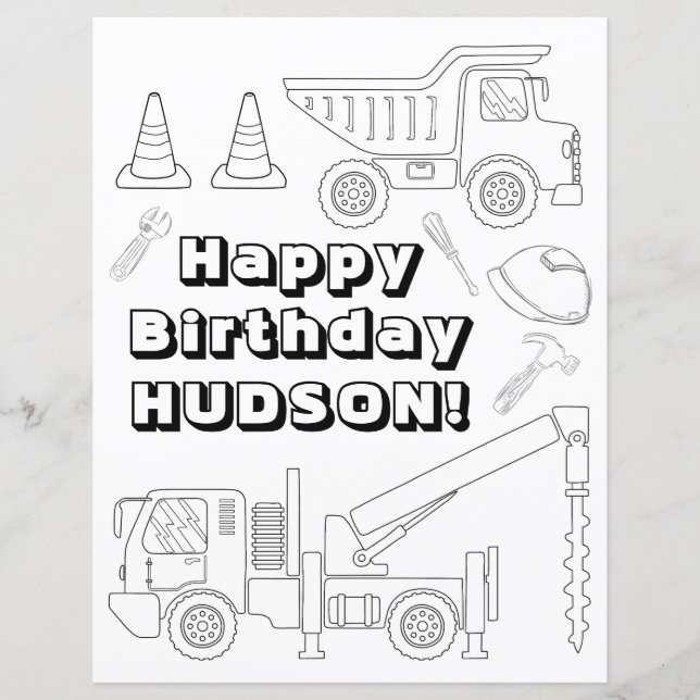 Construction Birthday Colouring Page – Truck Party (Front)