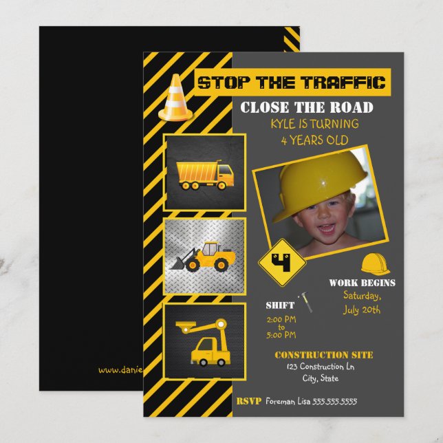 Construction Birthday | Dump Truck Bull Dozer Invitation (Front/Back)