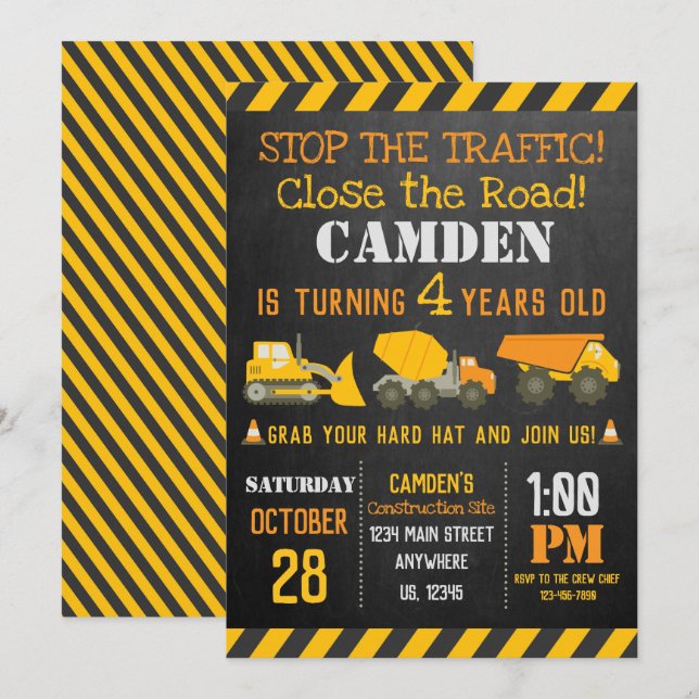 Construction Birthday Invitation (Front/Back)