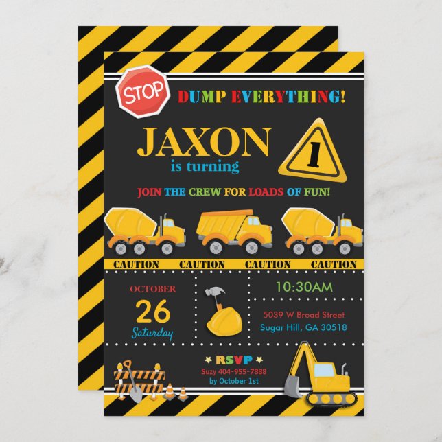 Construction Birthday Invitation Boy (Front/Back)