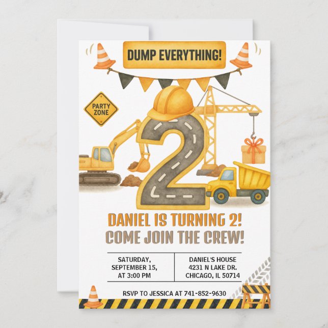 Construction Birthday Invitation, Dump Truck Invitation (Front)