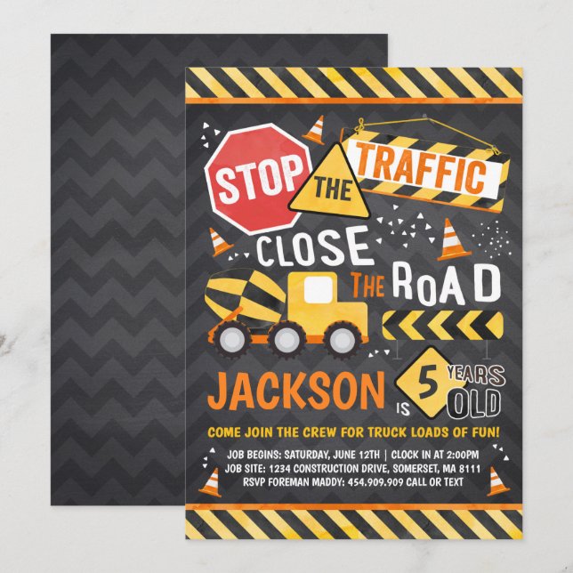 Construction Birthday Invitation Dump Truck Party (Front/Back)