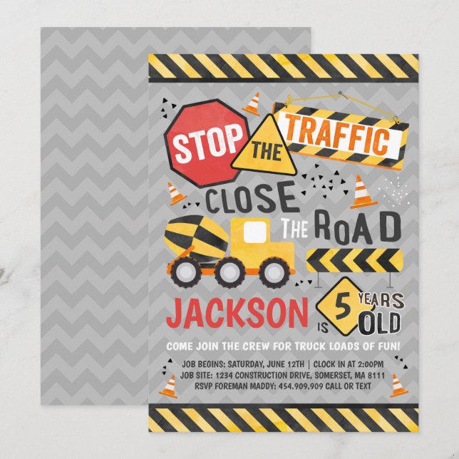 Construction Birthday Invitation Dump Truck Party (Front/Back)