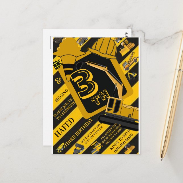 Construction Birthday Invitation, Editable Constru Postcard (Front/Back In Situ)