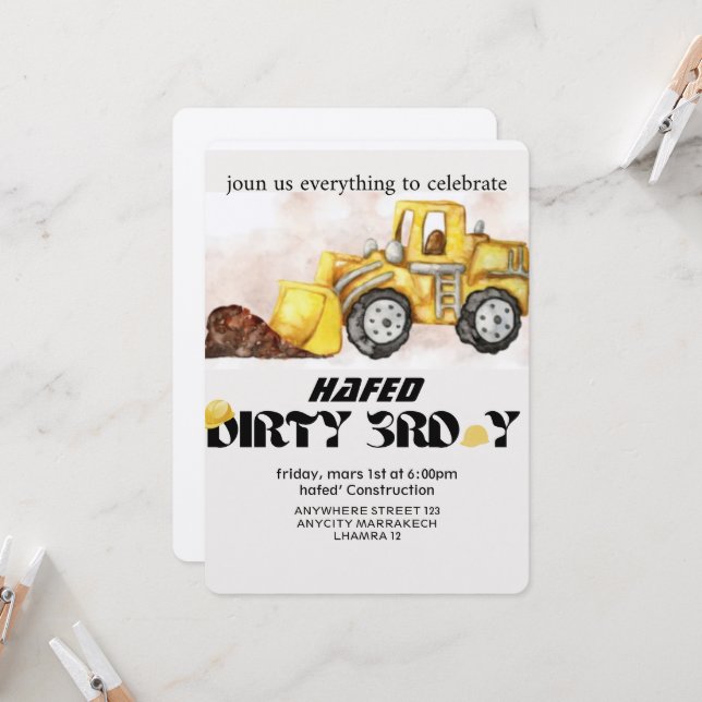 Construction Birthday Invitation Editable Dump Tru (Front/Back In Situ)