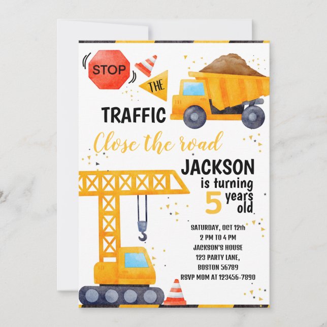 Construction Birthday Invitation Excavator Invite (Front)