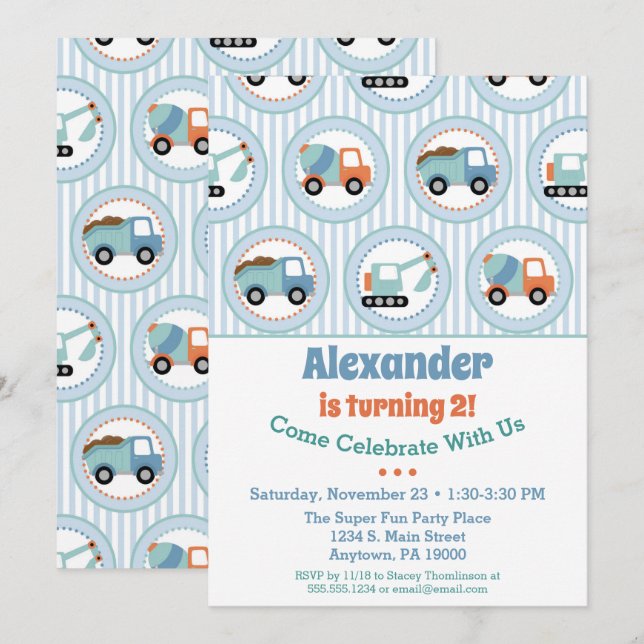 Construction Birthday Invitation Toddler 1st 2nd (Front/Back)