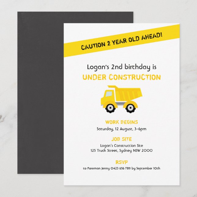 Construction Birthday Invitation, White Invitation (Front/Back)