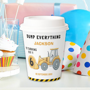Construction Birthday Paper Cups Turning Six White