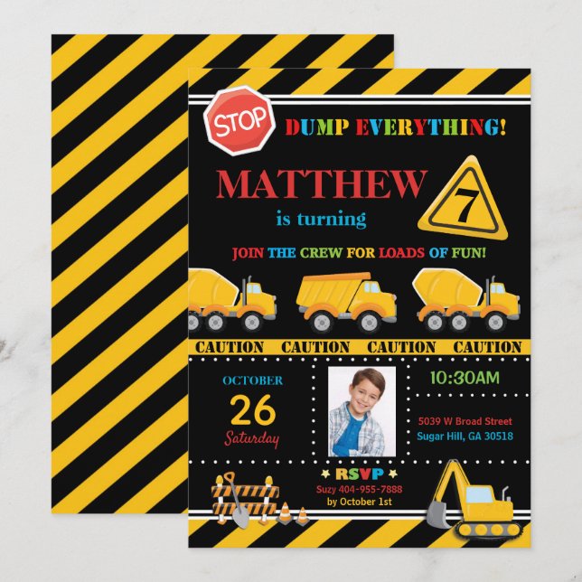 Construction Birthday Party Diggers Dump Trucks Invitation (Front/Back)
