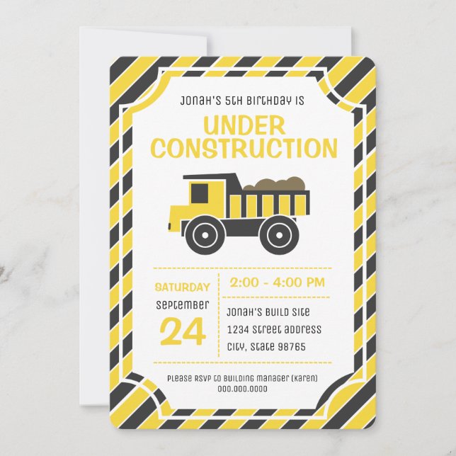 Construction Birthday Party Dump Truck Invitation (Front)
