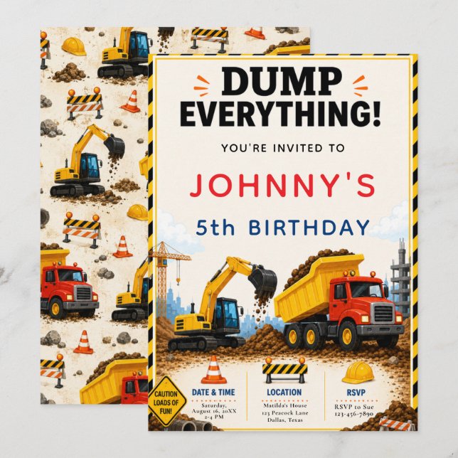 Construction Birthday Party Invitation (Front/Back)