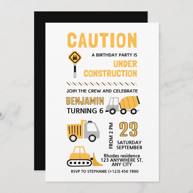 Construction Birthday party Invitation (Front/Back)
