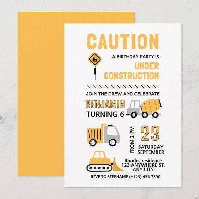 Construction Birthday party Invitation (Front/Back)