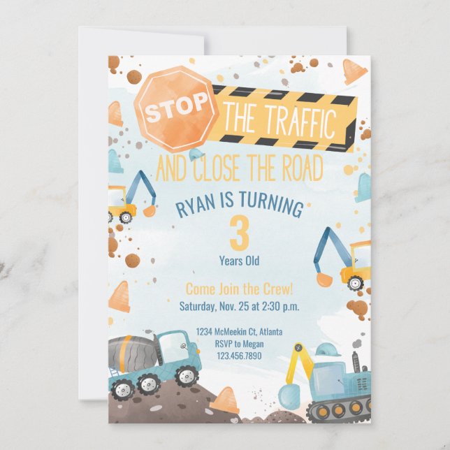 Construction Birthday Party Invitation Boys Party (Front)