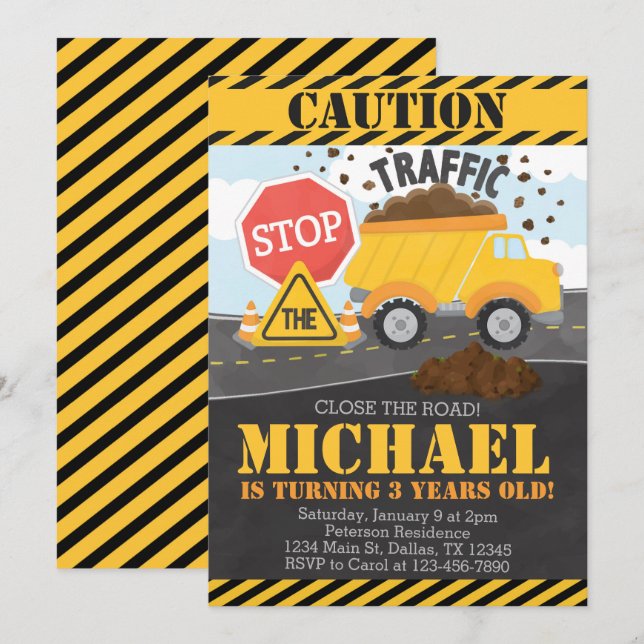 Construction Birthday Party Invitation Invite (Front/Back)