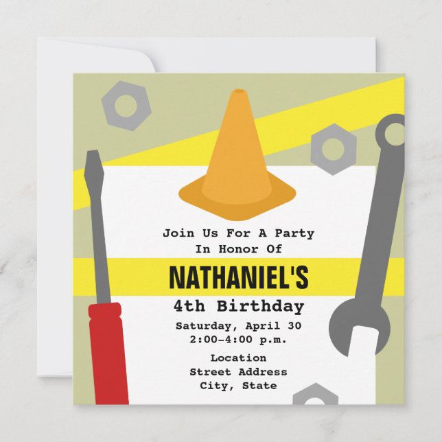 Construction Birthday Party Invite - Tools & Cone (Front)