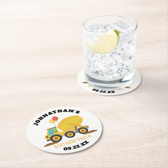 Construction Birthday Party Round Paper Coaster (Insitu)