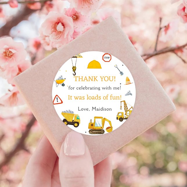Construction Birthday Party Thank You Classic Round Sticker (Creator Uploaded)