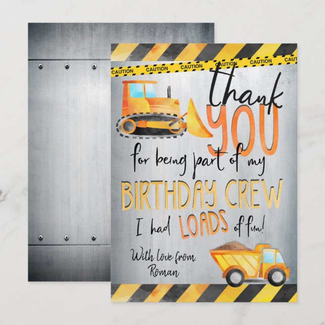 Construction Birthday Party Thank You Note Cards (Front/Back)