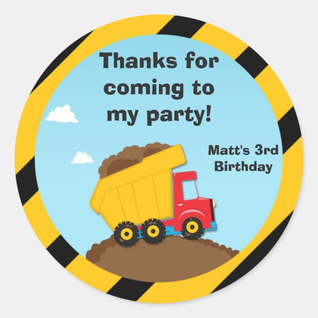 Construction Birthday Party Thank You Stickers (Front)
