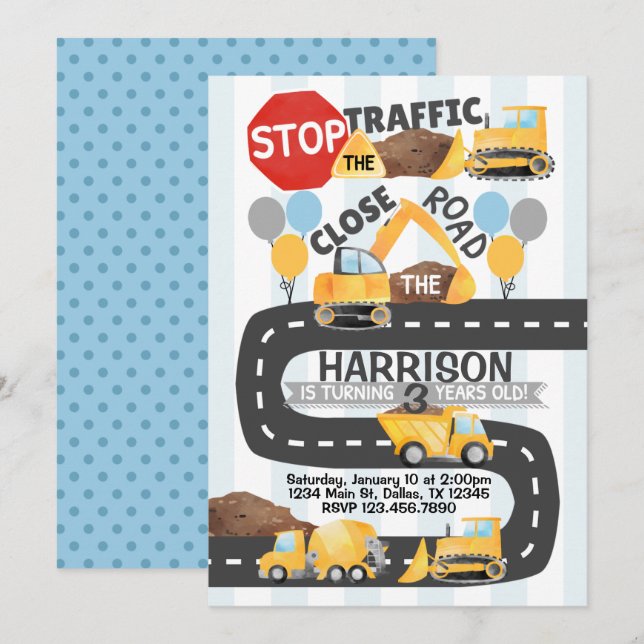 Construction Birthday Party Themed Invitation (Front/Back)