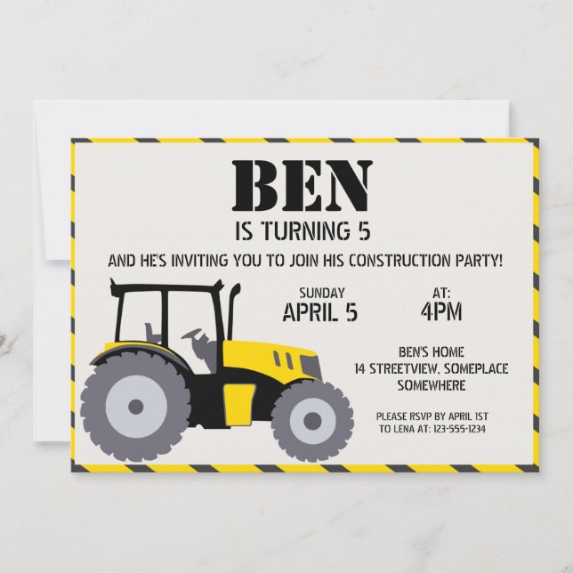 Construction birthday party tractor yellow grey invitation (Front)