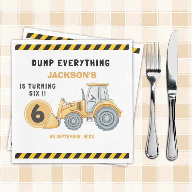 Construction Birthday Party Turning Six Yellow Napkin (Creator Uploaded)