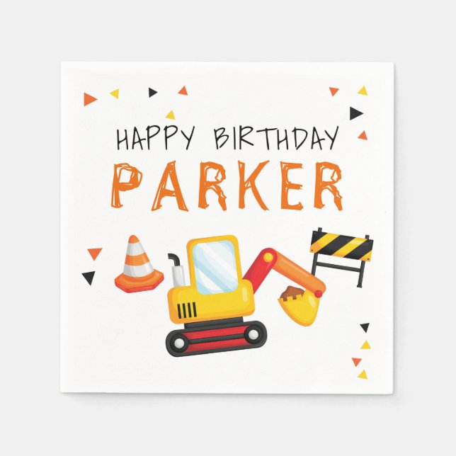 Construction Birthday Personalised excavator Napkin (Front)