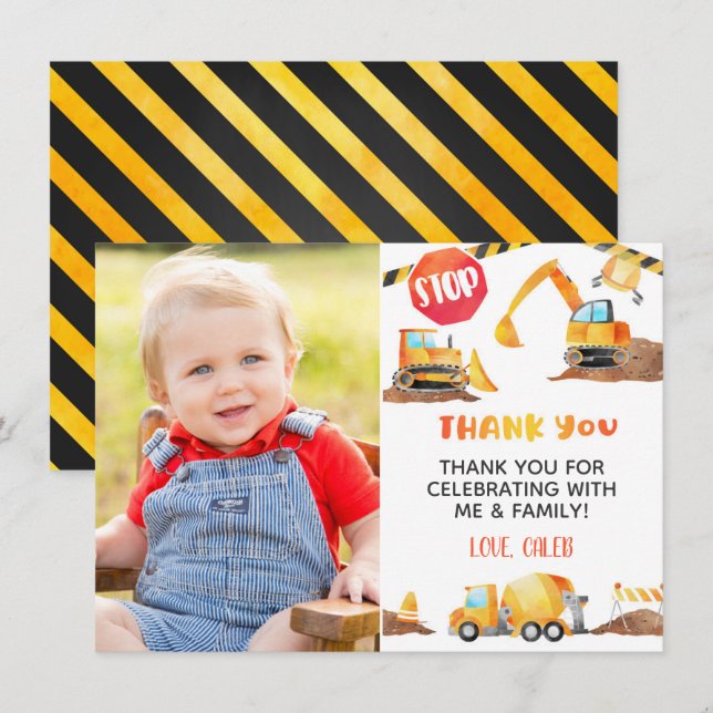 Construction Birthday Thank You Card - Photo (Front/Back)