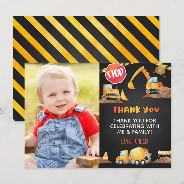 Construction Birthday Thank You Card - Photo BL (Front/Back)