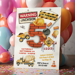 Construction Birthday Turning Five Wrecking Ball Invitation