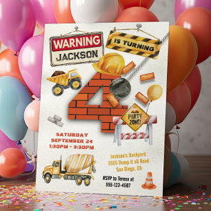 Construction Birthday Turning Four Wrecking Ball Invitation