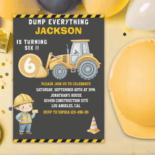 Construction Birthday Turning Six Boy Invitation