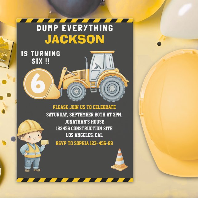 Construction Birthday Turning Six Boy Invitation (Creator Uploaded)
