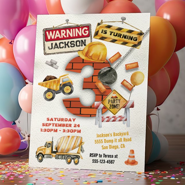 Construction Birthday Turning Three Wrecking Ball Invitation (Creator Uploaded)