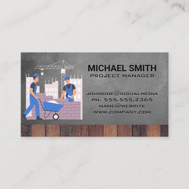 Construction Blue Collar Workers on Job Site Business Card (Front)