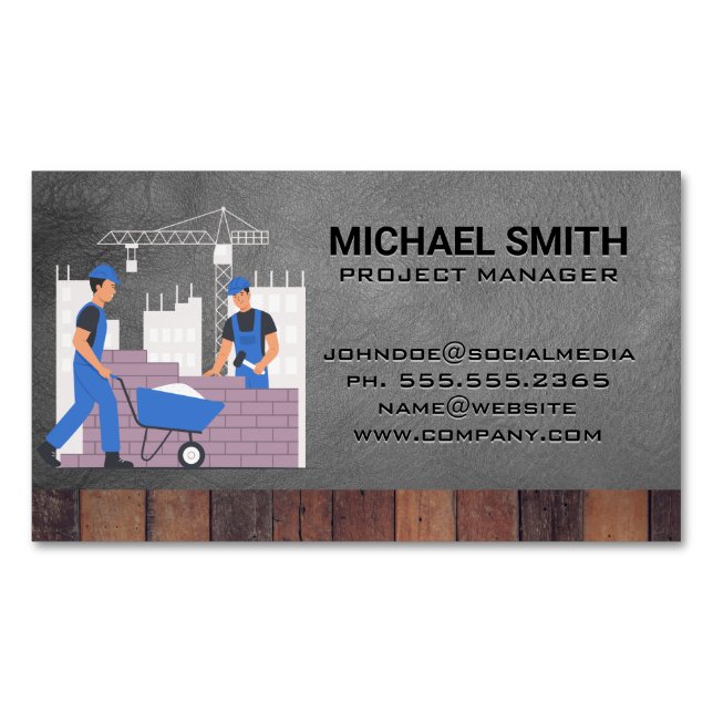 Construction Blue Collar Workers on Job Site Magnetic Business Card (Front)