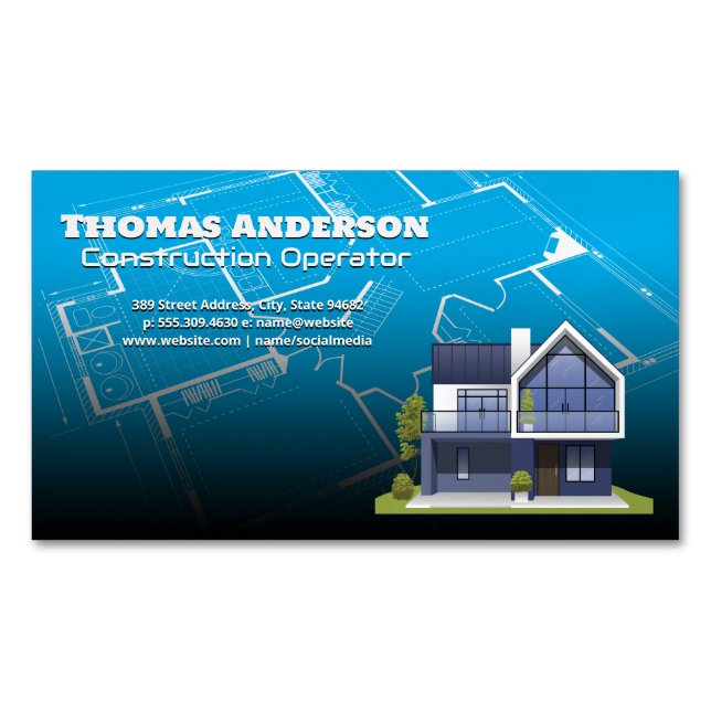 Construction Blue Prints | Real Estate Housing Magnetic Business Card (Front)