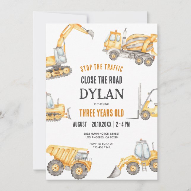 Construction Boy Birthday Invitation (Front)