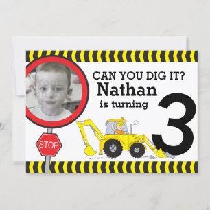 Construction boys 3rd birthday party invitation