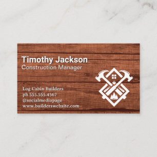 Construction Build Hammers Logo   Wood Background Business Card