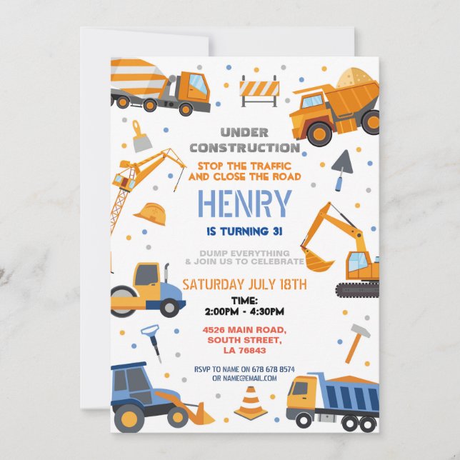 Construction Builder Digger Truck Birthday Party Invitation (Front)