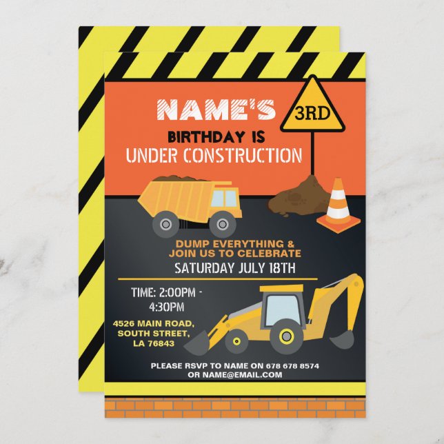 Construction Builder Digger Truck Birthday Party Invitation (Front/Back)