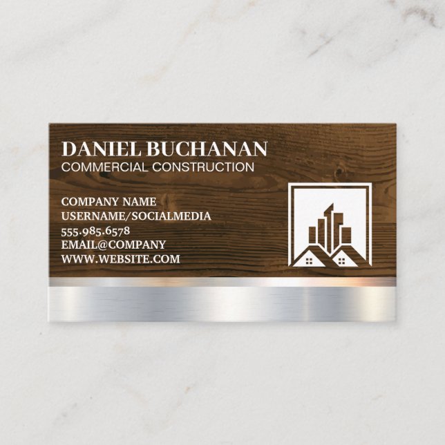 Construction Building Logo | Wood Metal Business Card (Front)