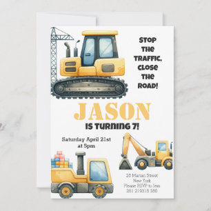 Construction Bulldozer  Kids Birthday Party Invitation