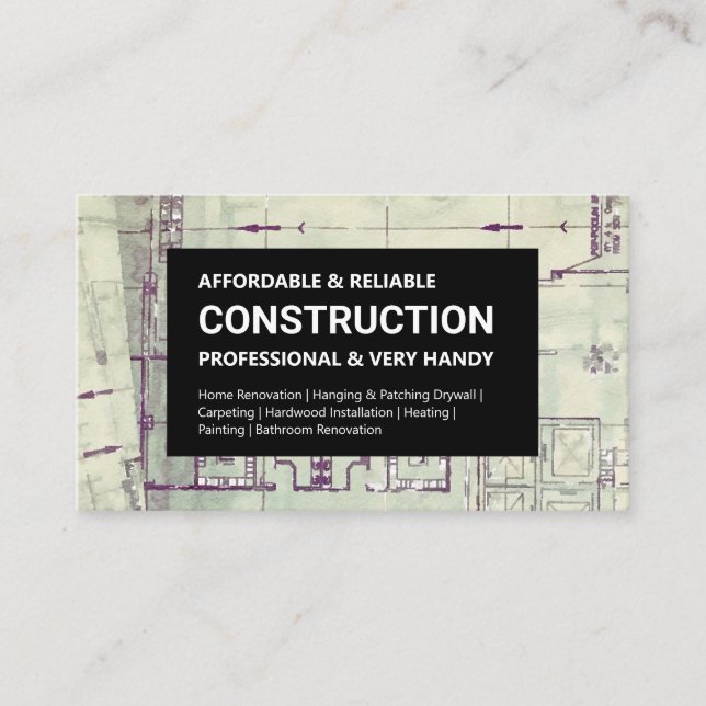 Construction Business Card - Blueprint on Black (Front)