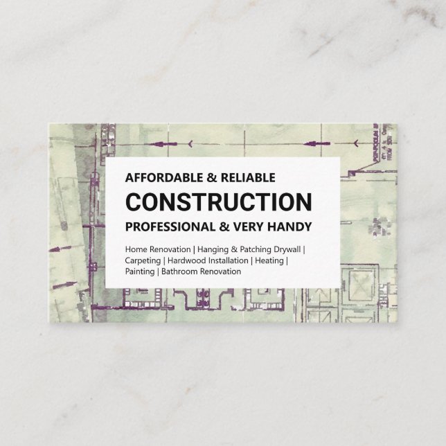 Construction Business Card - Blueprint on White (Front)