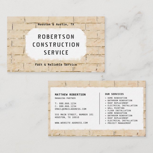 Construction Business Card - Cream Brick Wall (Front/Back)